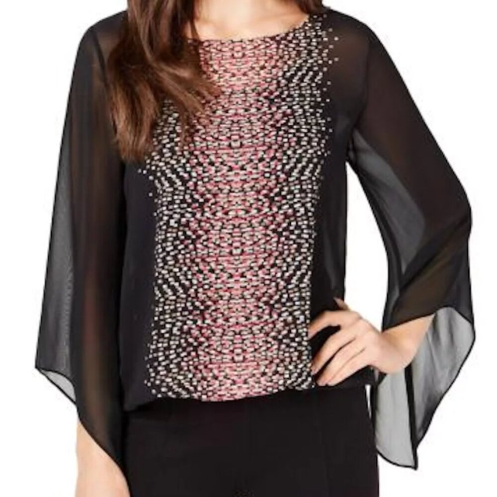 Womens Black Printed Jewel Neck Blouse Casual NWT